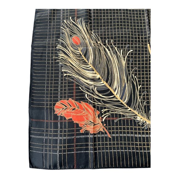 Vintage 1976 Totes Rain Scarf Water Repellent Feather Print Black Gold Red Japan - Picture 2 of 5